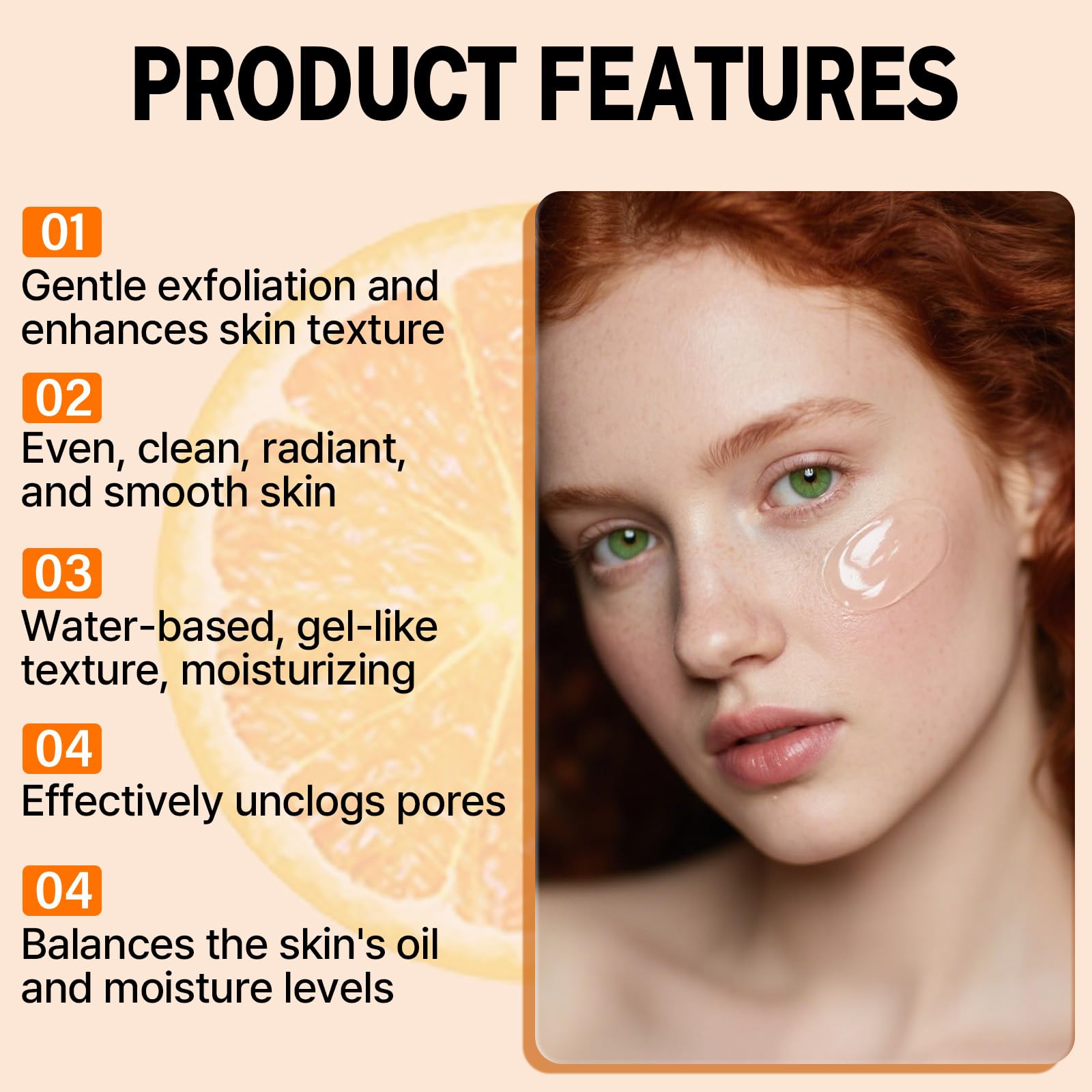 IMrawlook close-up texture of orange exfoliating gel highlighting smooth gel and visible particles for gentle exfoliation