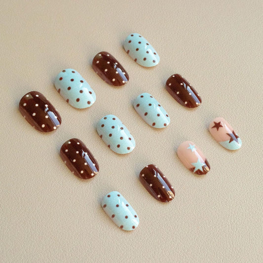 IMSOHOT close-up of brown and blue polka dot detail, vibrant glossy finish benefit