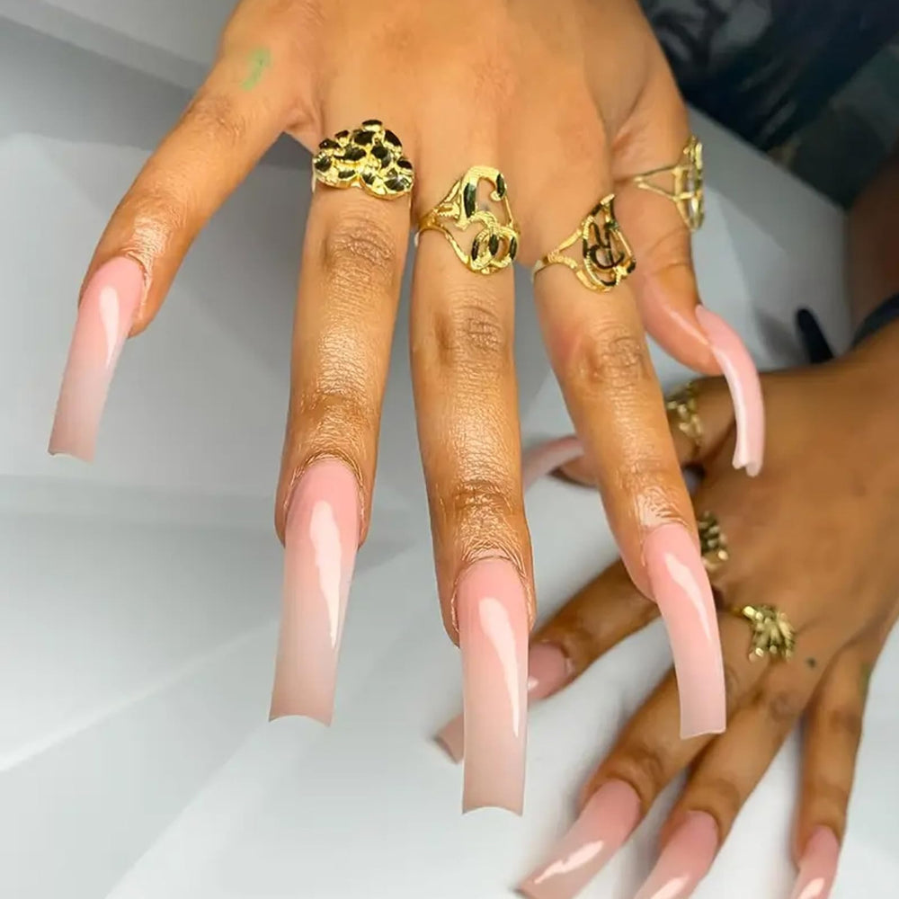 IMSOHOT glossy nude press on nails front packaging shows full set and glue, professional finish