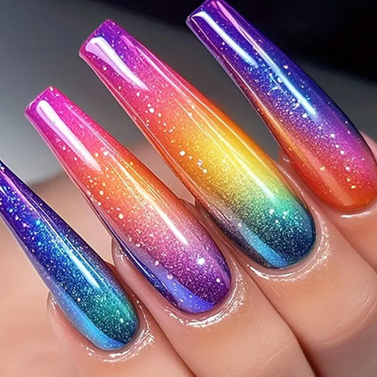 IMSOHOT front packaging showing colorful ombre coffin nails and glossy finish benefits