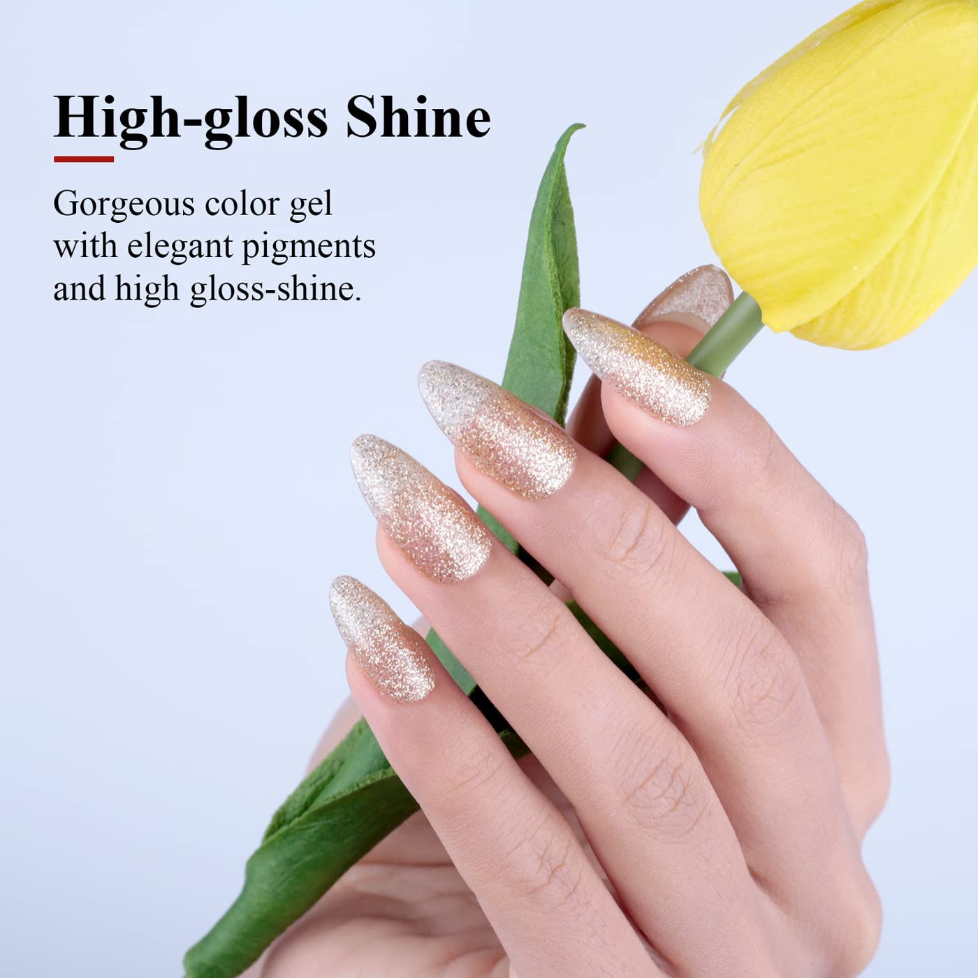 Imtiti brush applying champagne gold gel on nail swatch demonstrating smooth coverage