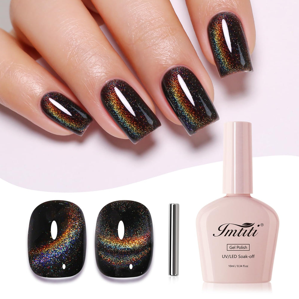Imtiti front bottle showing black rainbow holographic gel polish and kit benefit