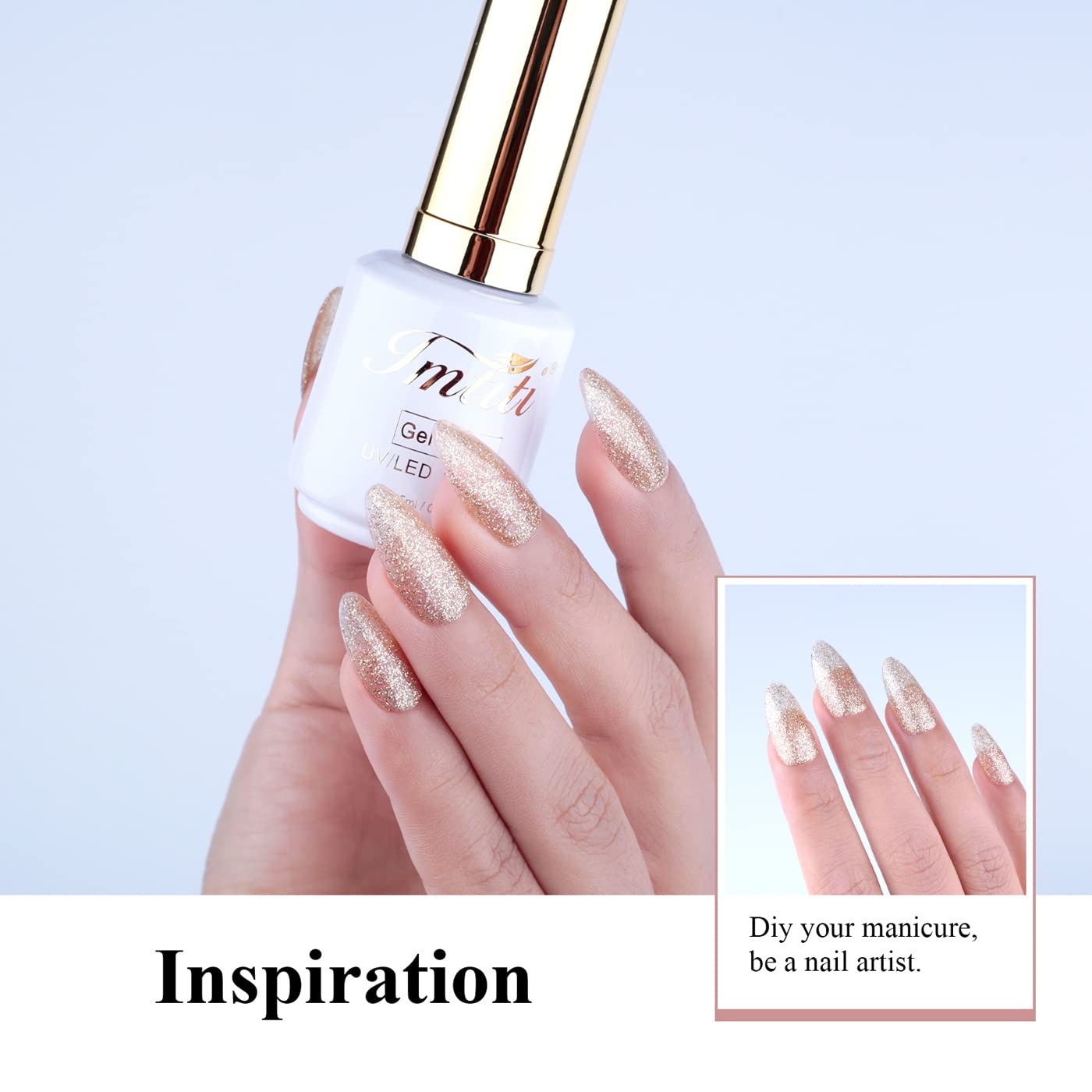 Imtiti manicured hand lifestyle shot showing finished glossy champagne gold look