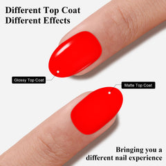 Imtiti finished manicure on hand showcasing bright neon red manicure benefit