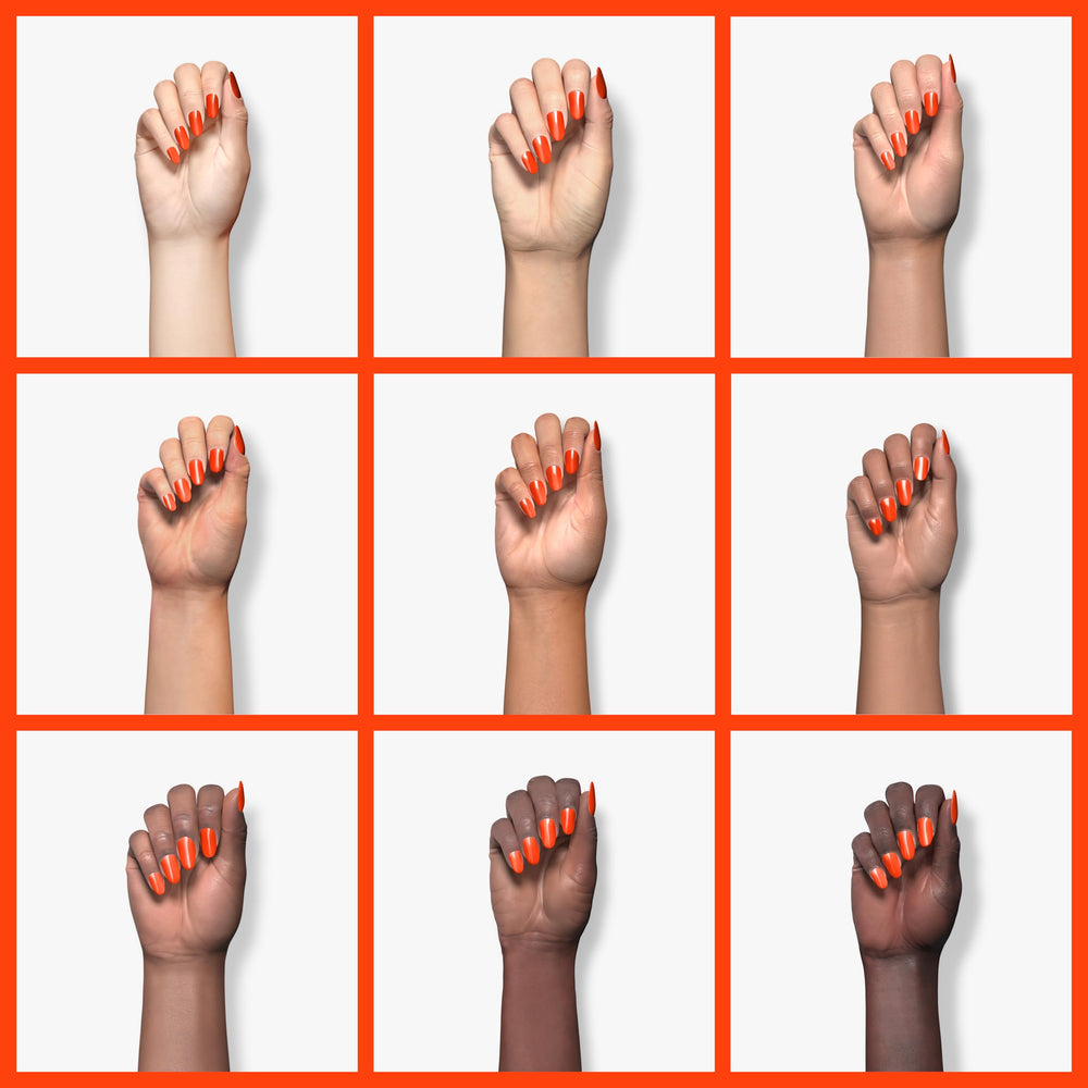 Imtiti swatch on nails illustrating vibrant neon orange red finish