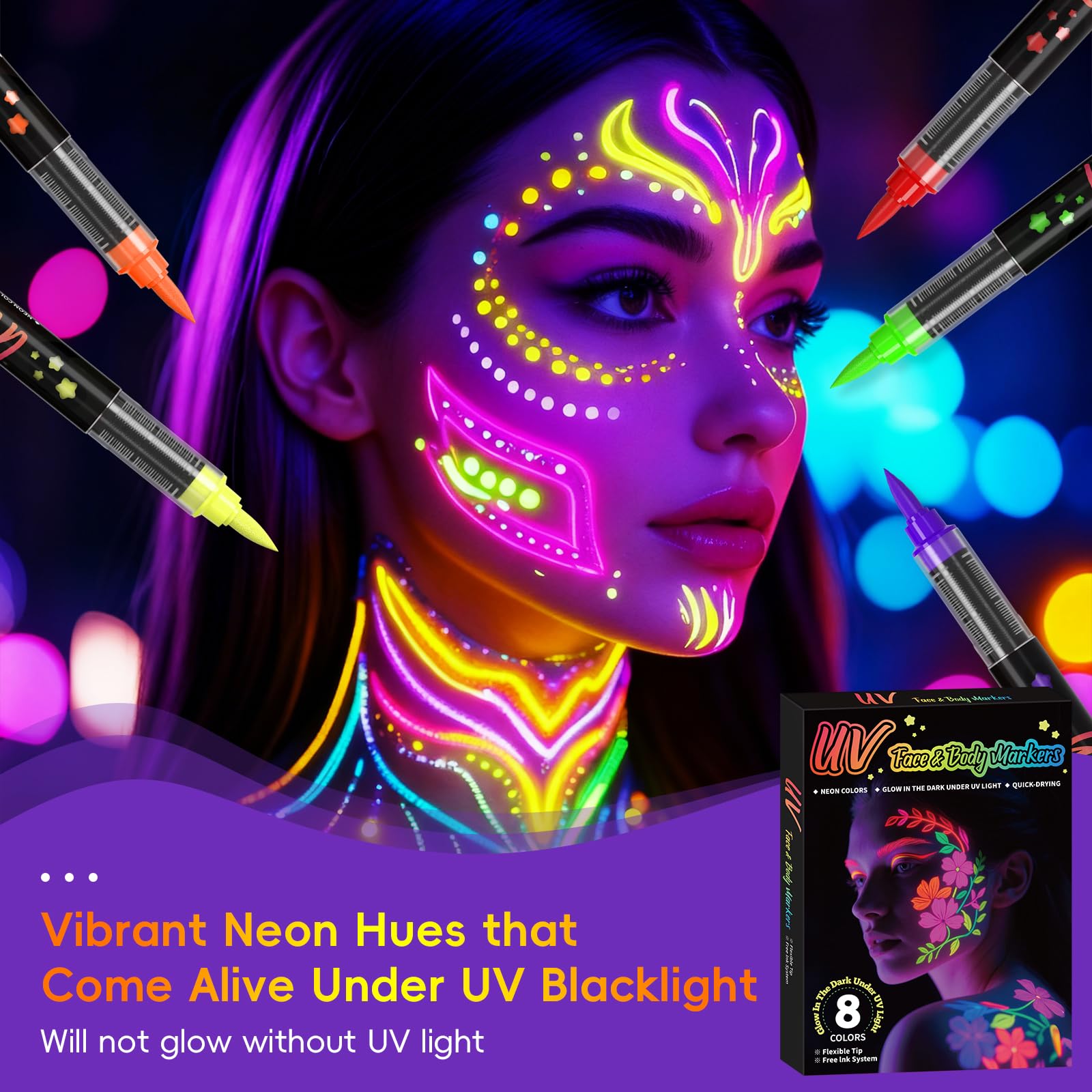 INAFKDPONR UV glow demo with neon colors lighting up under blacklight for dramatic effect