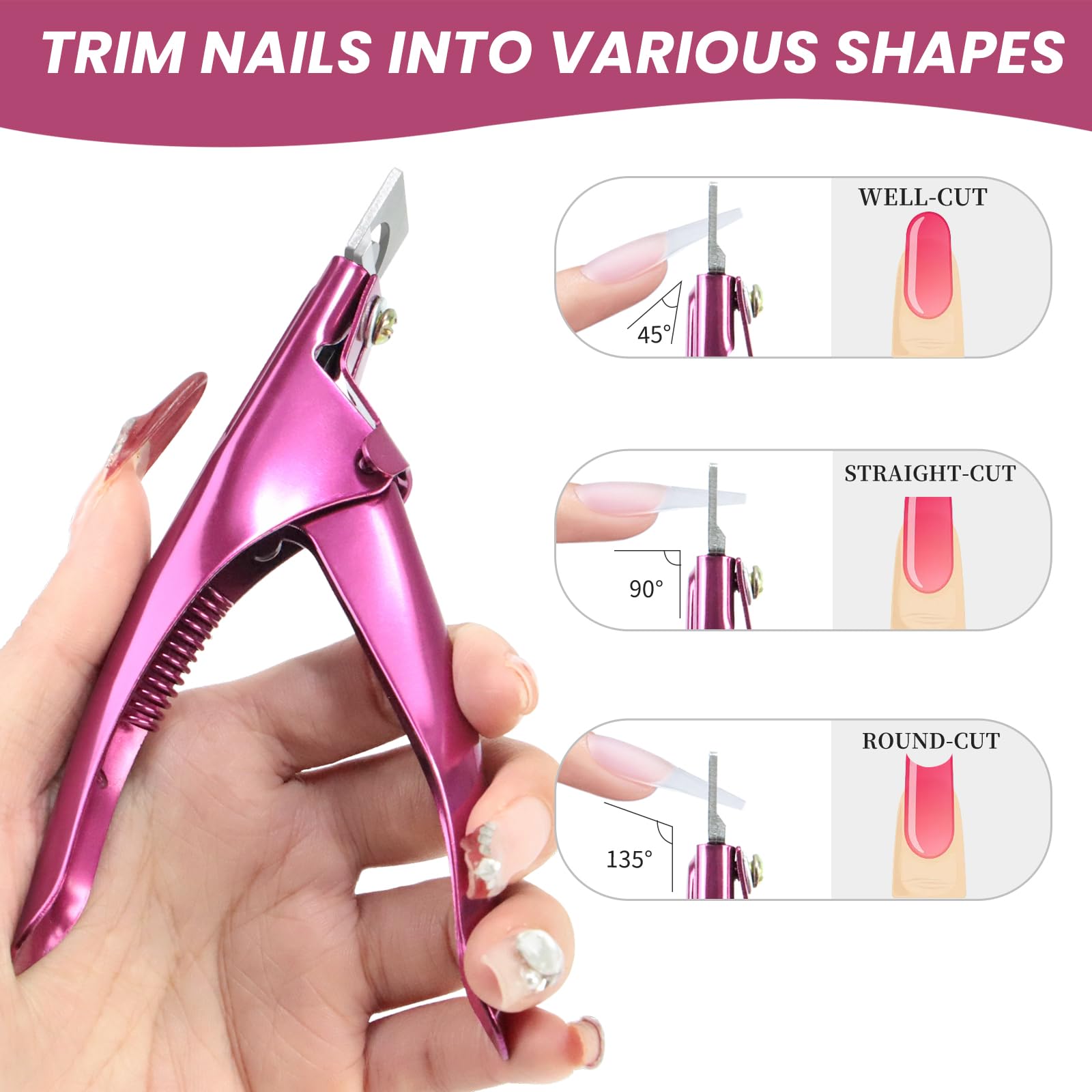 Inartato clippers trimming a false nail tip demonstrating easy, controlled cutting