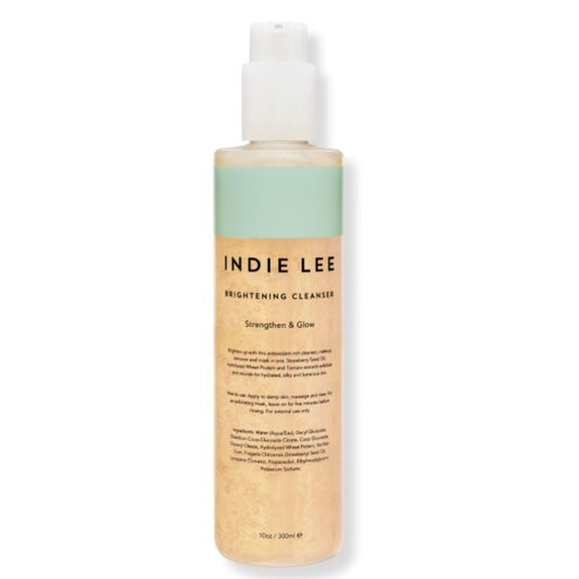Indie Lee bottle front view showing brightening cleanser and clear benefits