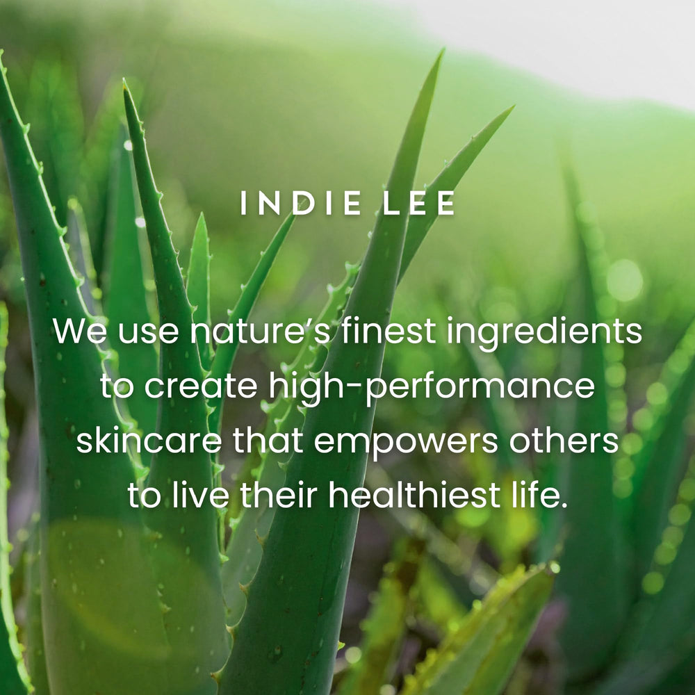 Indie Lee back label view listing clean ingredients and usage directions