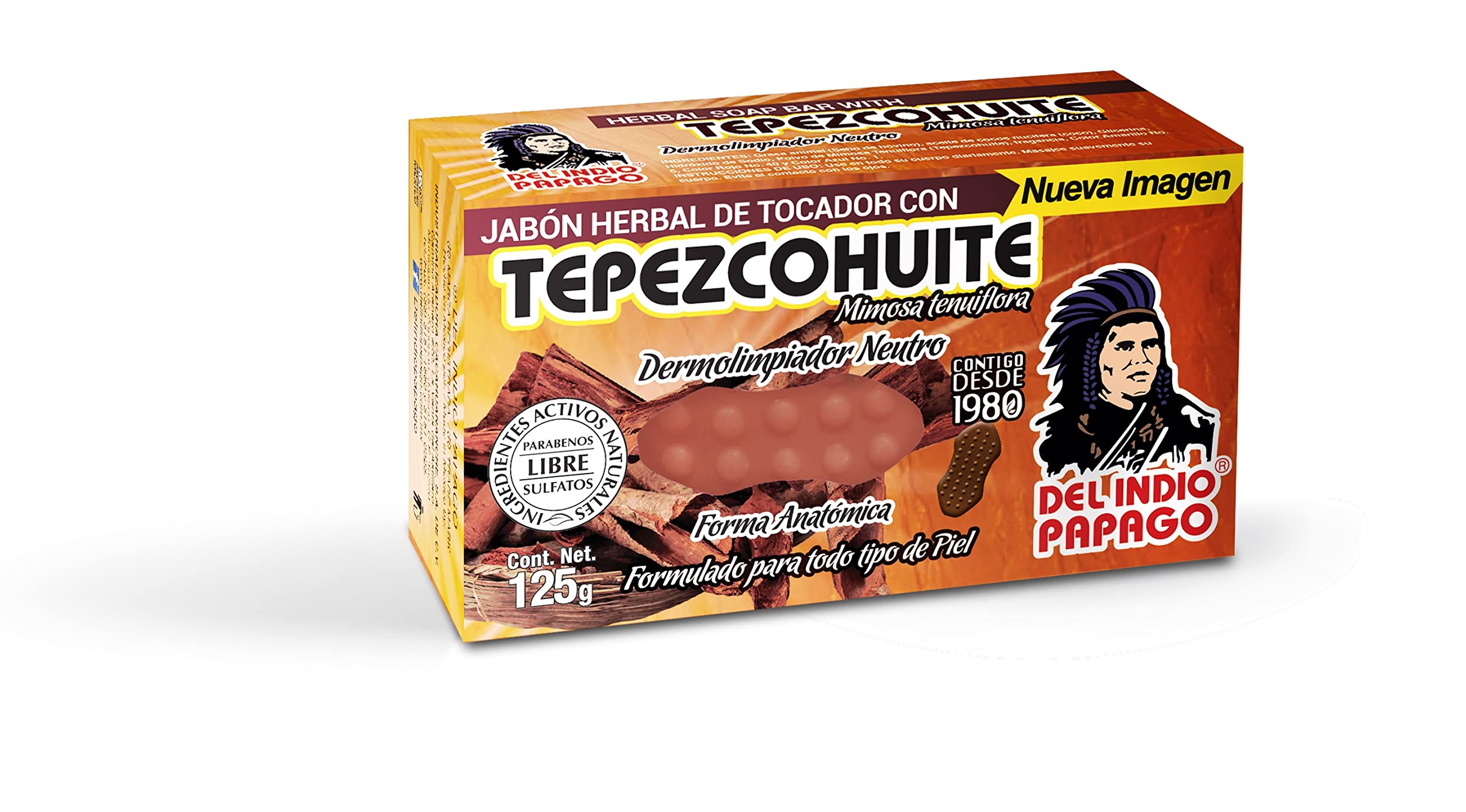 Indio Papago front packaging showing 125g bar and clean design, benefits gentle cleansing