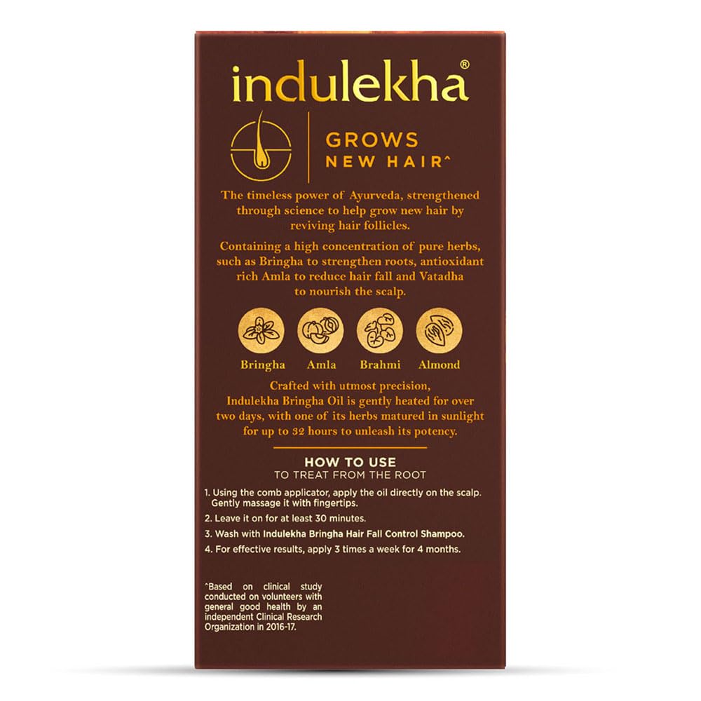 Indulekha Bringha label close-up highlighting ingredients and Ayurvedic wording