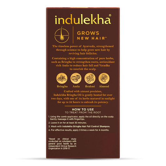 Indulekha Bringha label close-up highlighting ingredients and Ayurvedic wording