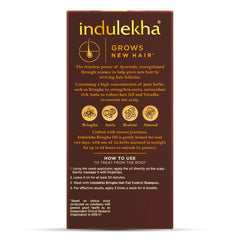 Indulekha Bringha label close-up highlighting ingredients and Ayurvedic wording