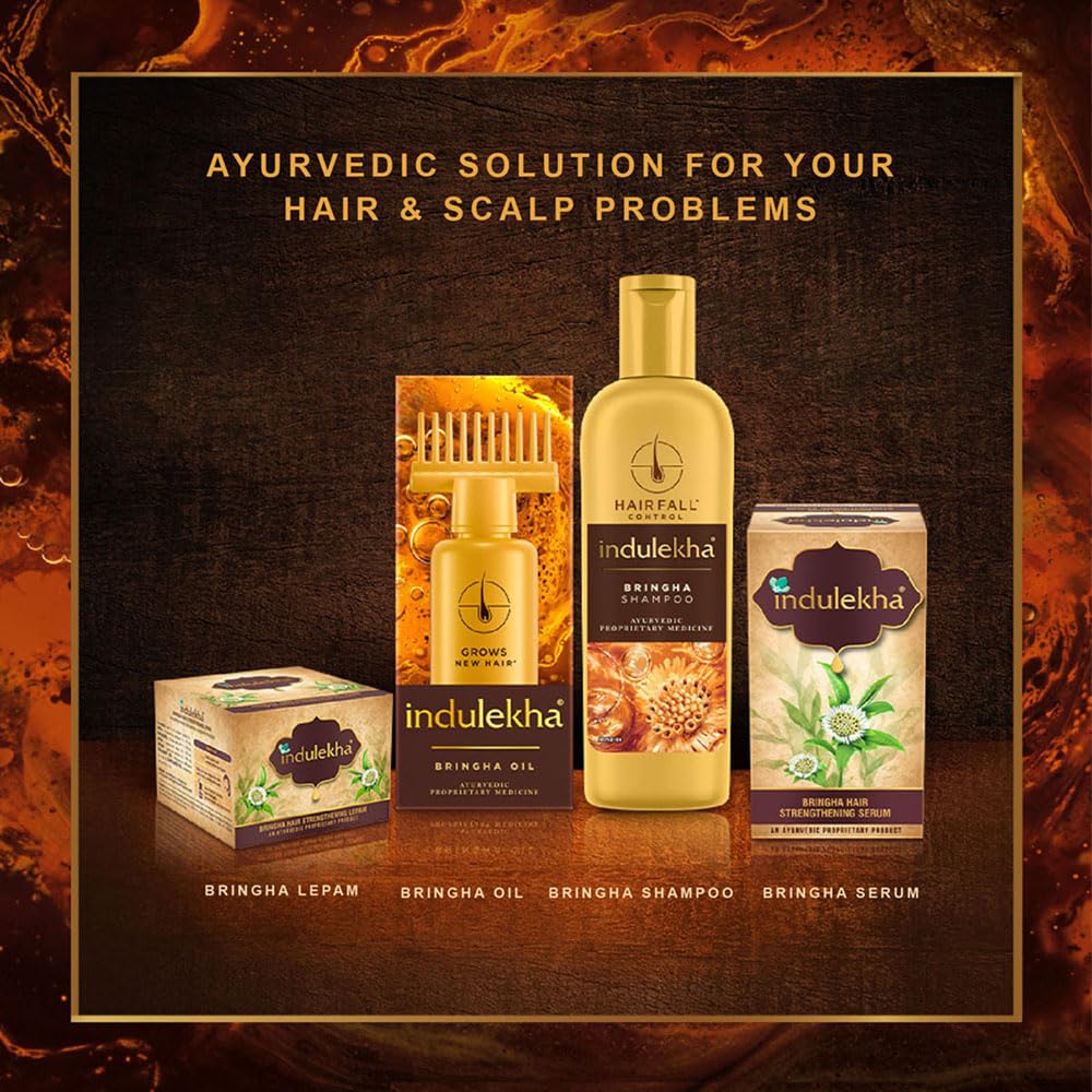 Indulekha Bringha on bathroom shelf in lifestyle setting suggesting daily use