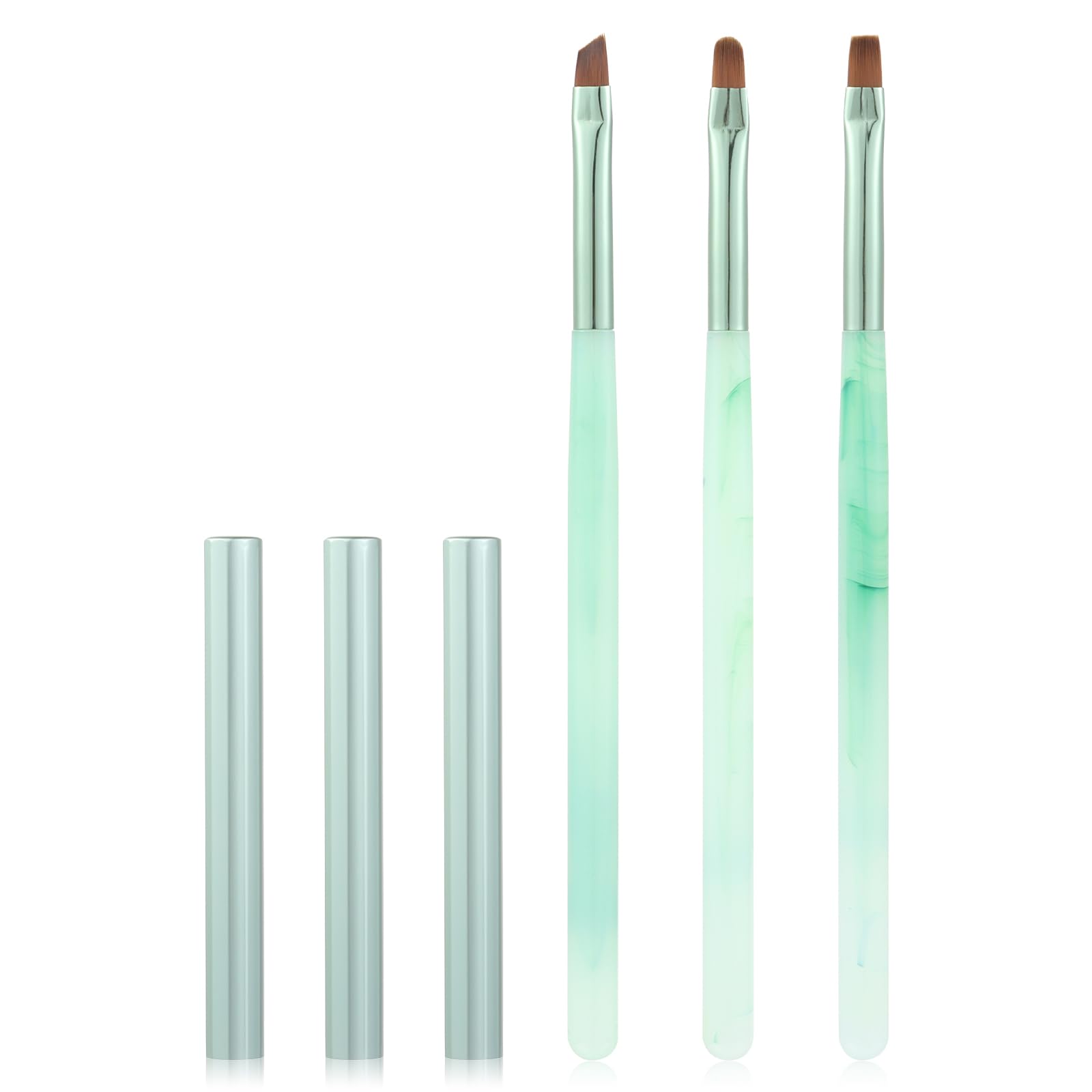 INENK front view of brush set showing green handles and protective caps for neat storage