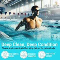 INFINA ESSENTIALS before and after swimmer hair shows reduced buildup
