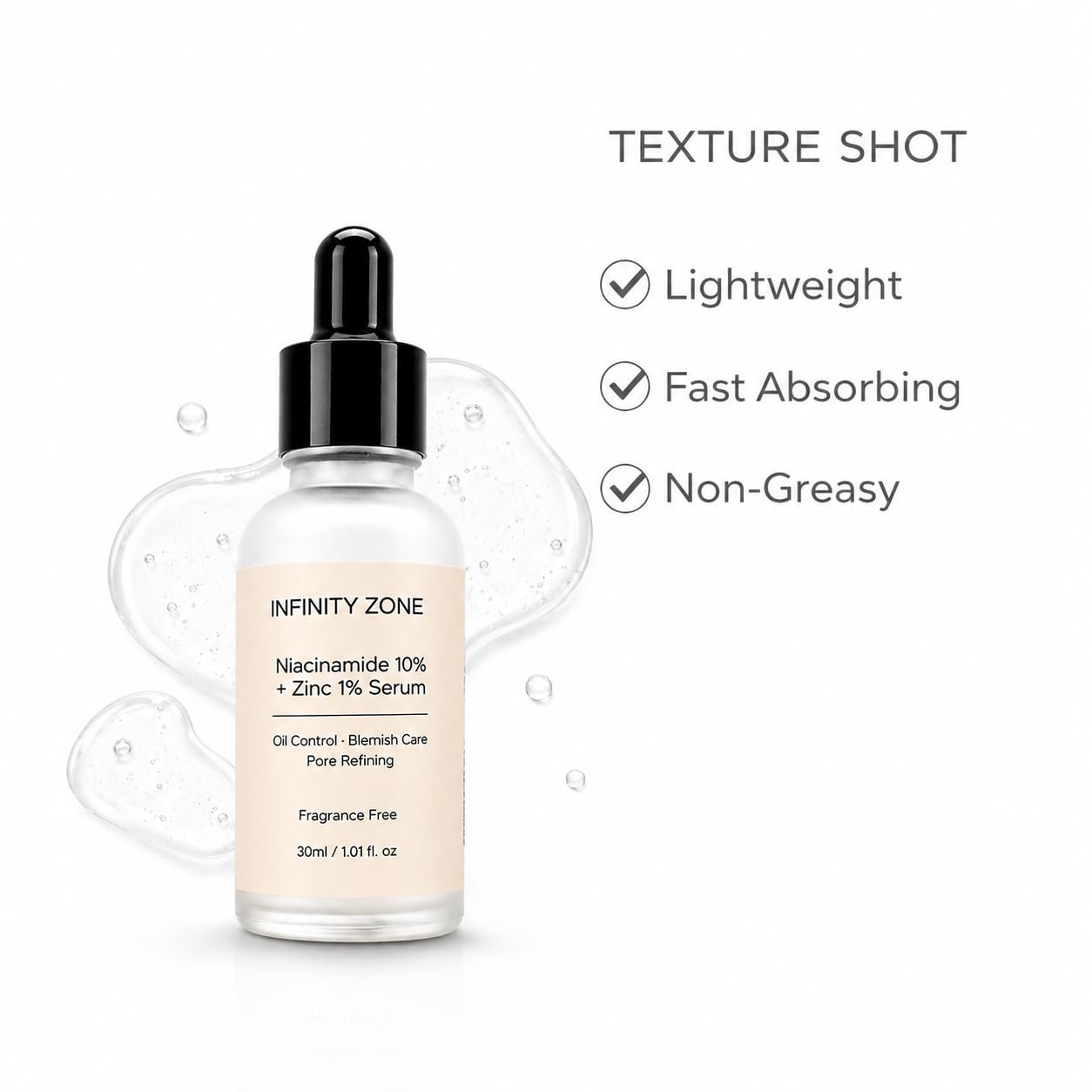 INFINITY ZONE applying serum to cheek illustrating smoother-looking, balanced skin
