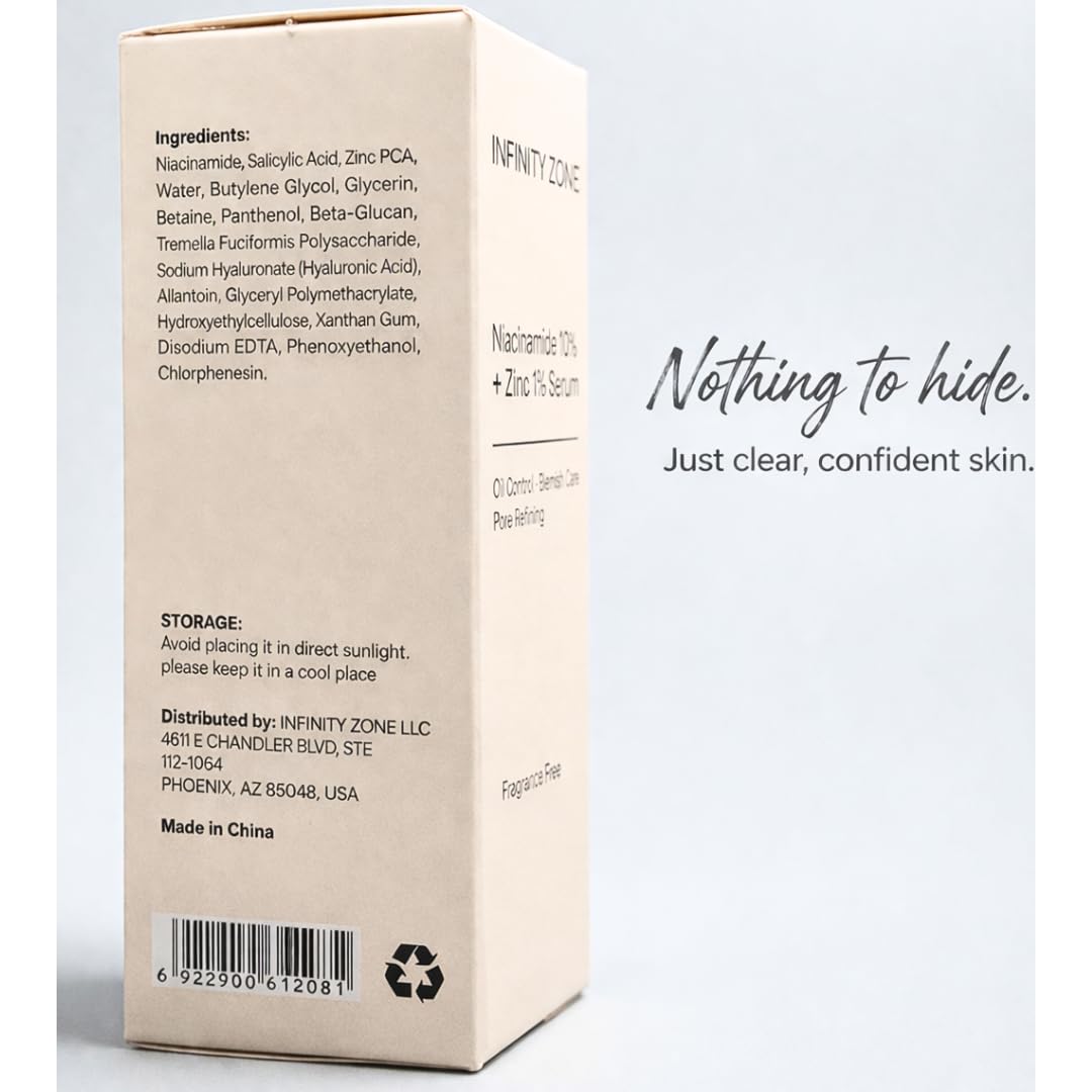 INFINITY ZONE bottle beside morning essentials showing quick-absorbing AM routine benefit