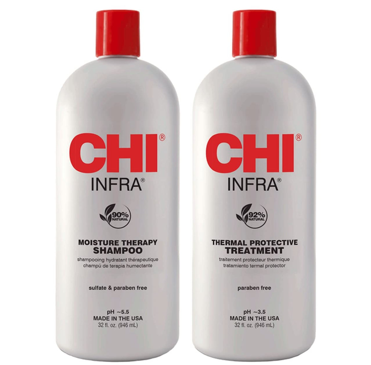 INFRA front duo packaging showing two 32oz bottles and clear labeling for salon use