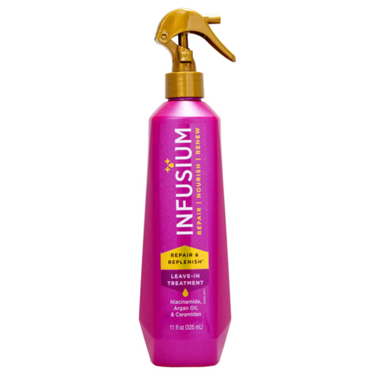 Infusium front packaging 11 oz bottle showing product benefits and spray nozzle