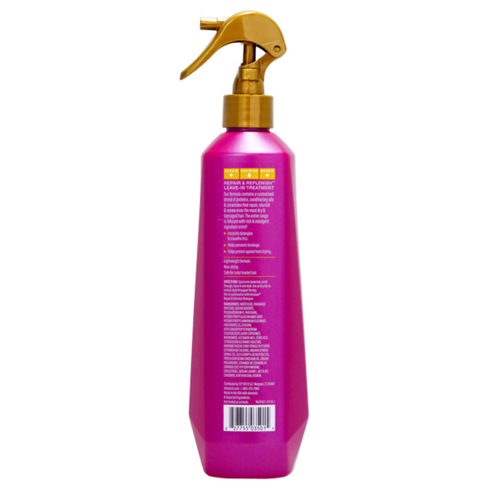 Infusium spray in use on damp hair demonstrating lift and lightweight conditioning