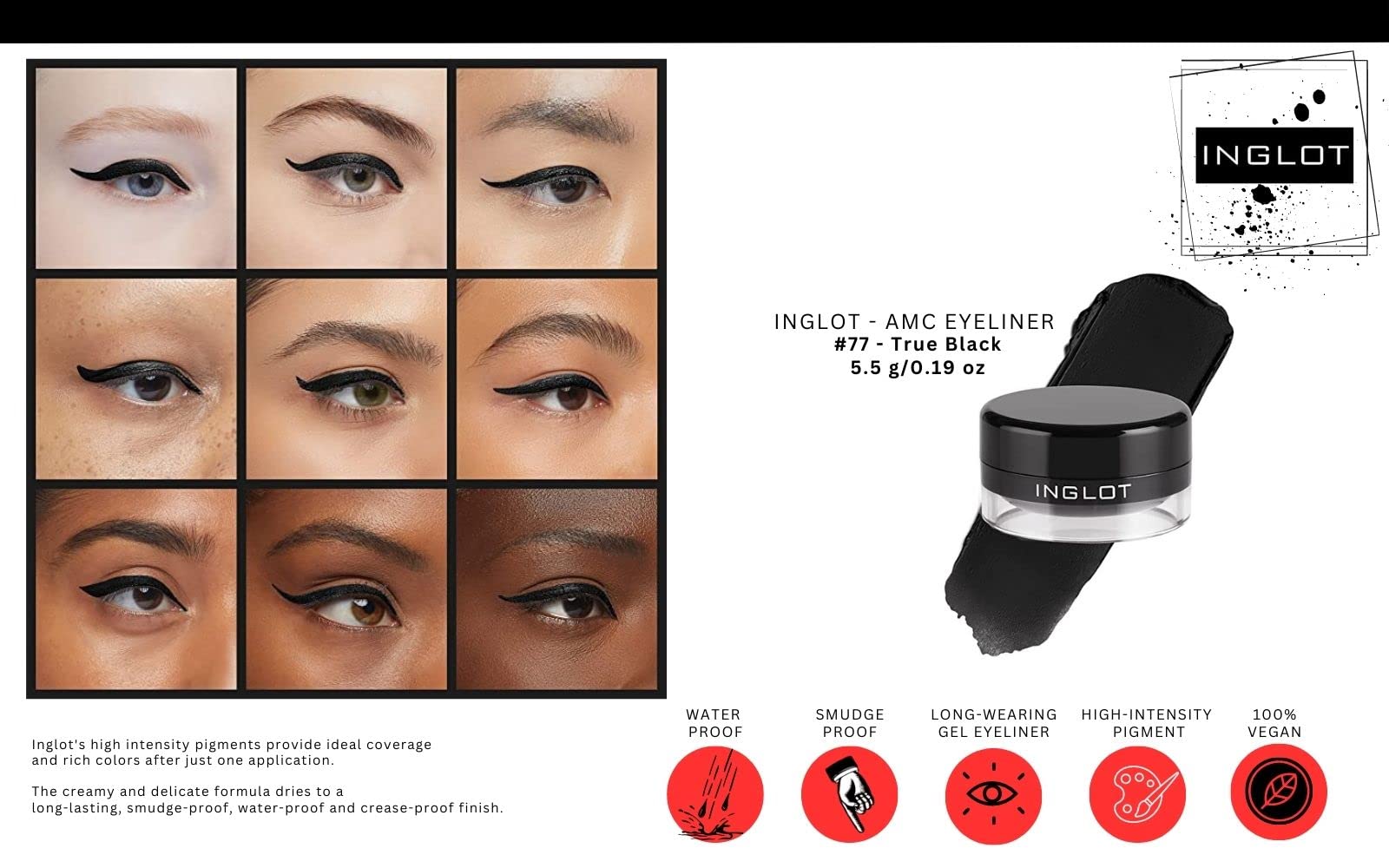 The Beauty Box INGLOT AMC Eyeliner Gel 77 swatch on arm delivering intense pigment payoff