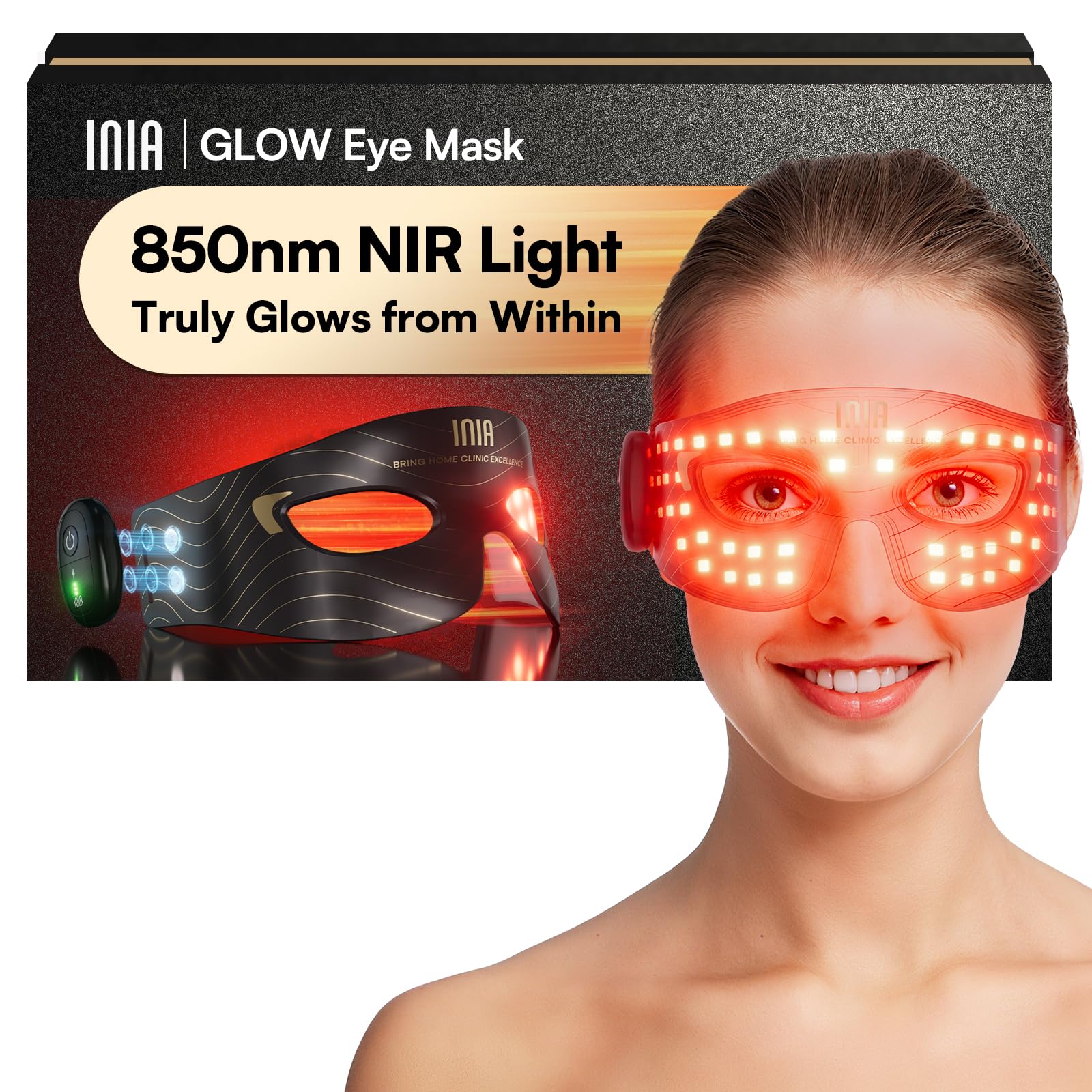 INIA eye mask front view showing sleek design and fast rejuvenation benefit