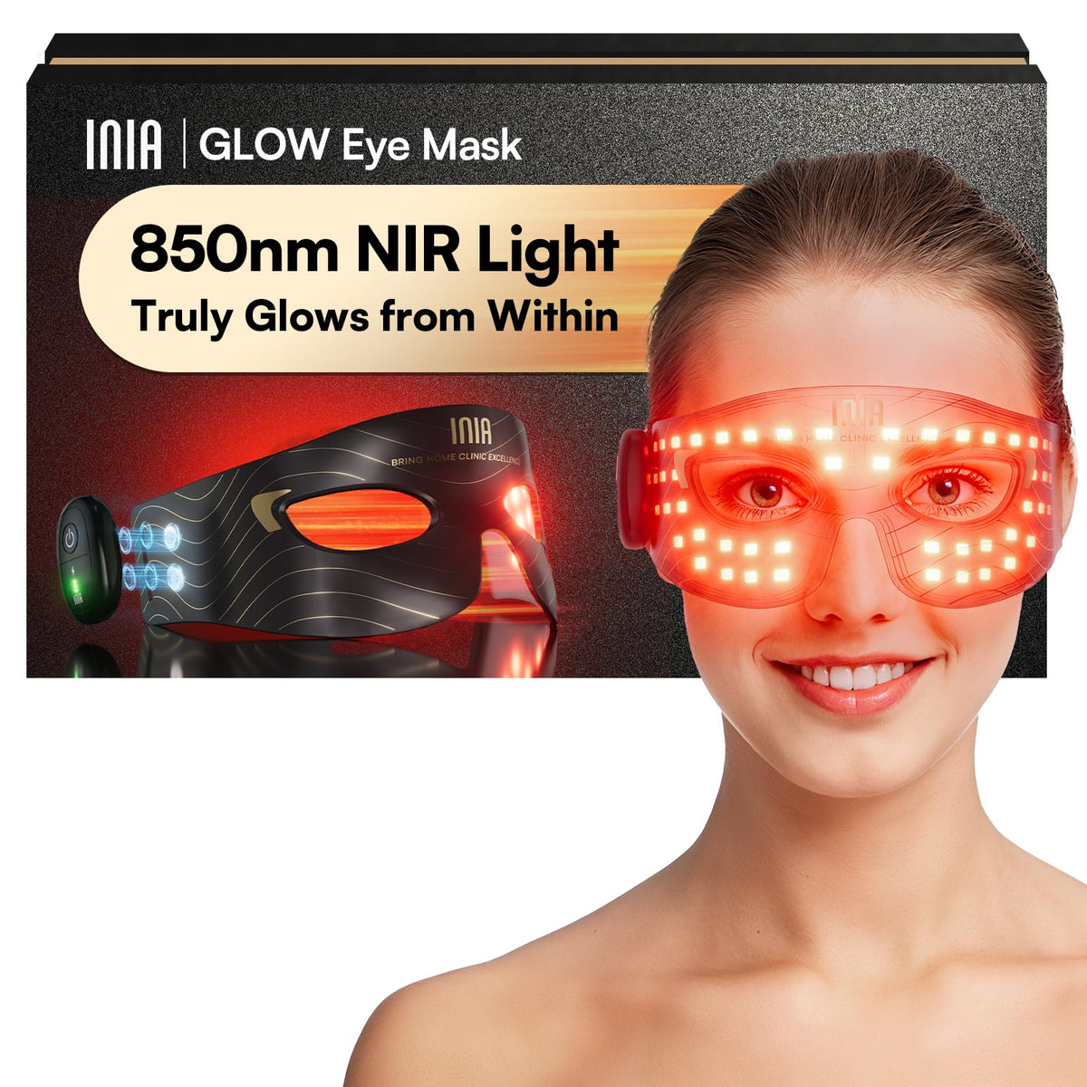 INIA eye mask front view showing sleek design and fast rejuvenation benefit