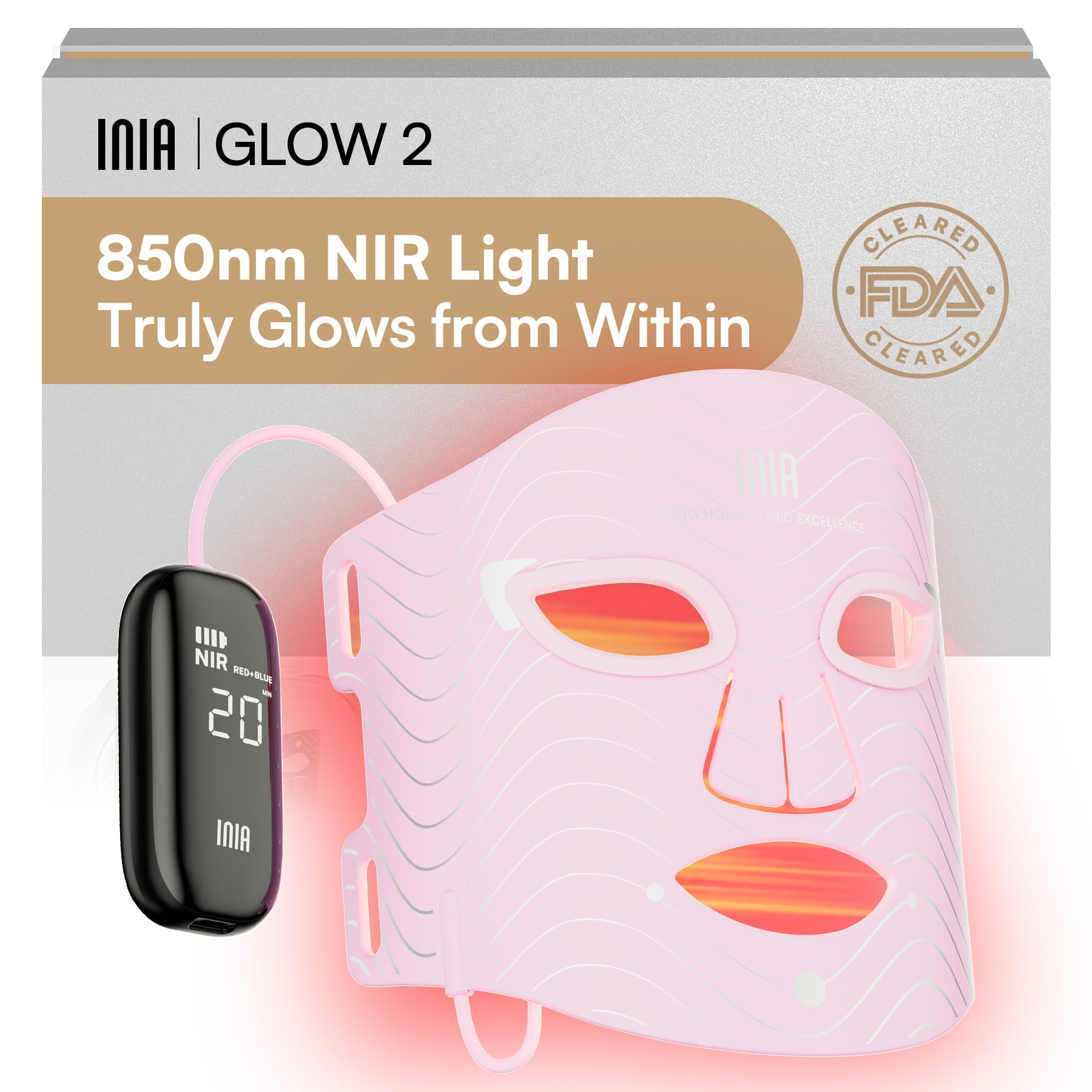 INIA mask front view showing LEDs and covered face area for consistent treatments