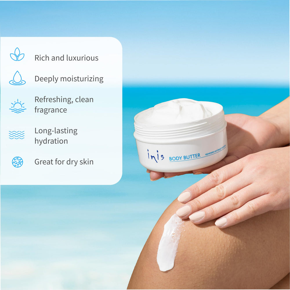 Applying Inis body butter on arm demonstrating absorption and long-lasting softness