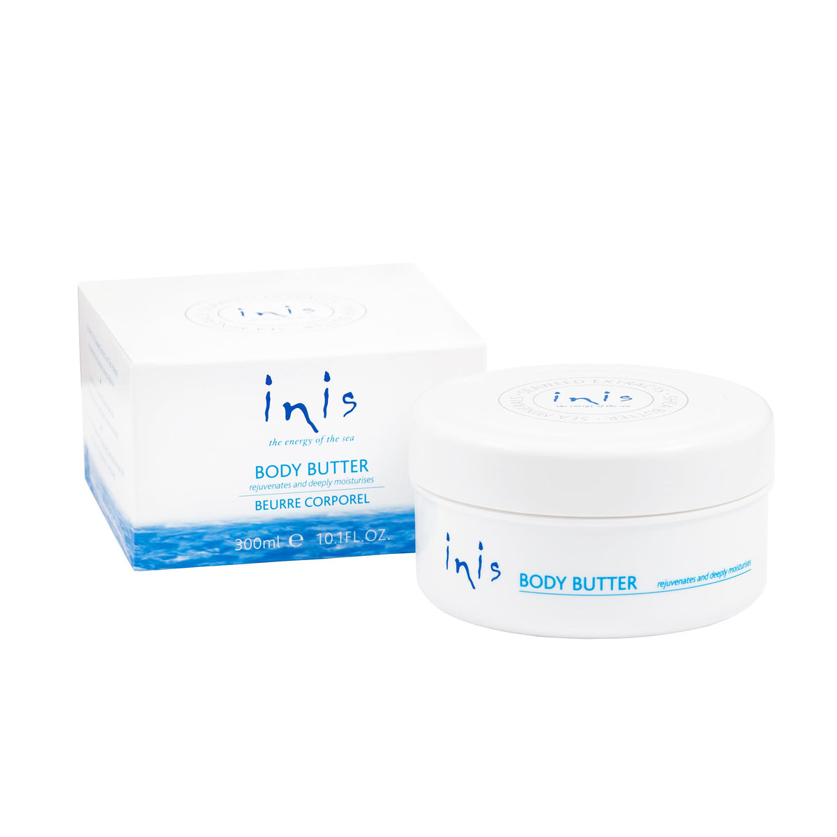 Inis jar front view showing label and seaside-inspired packaging benefit hydration