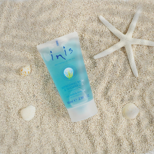 Inis label closeup highlighting brand name and travel-size details for quick identification and packing