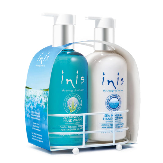 Inis front packaging showing soap and lotion set benefits