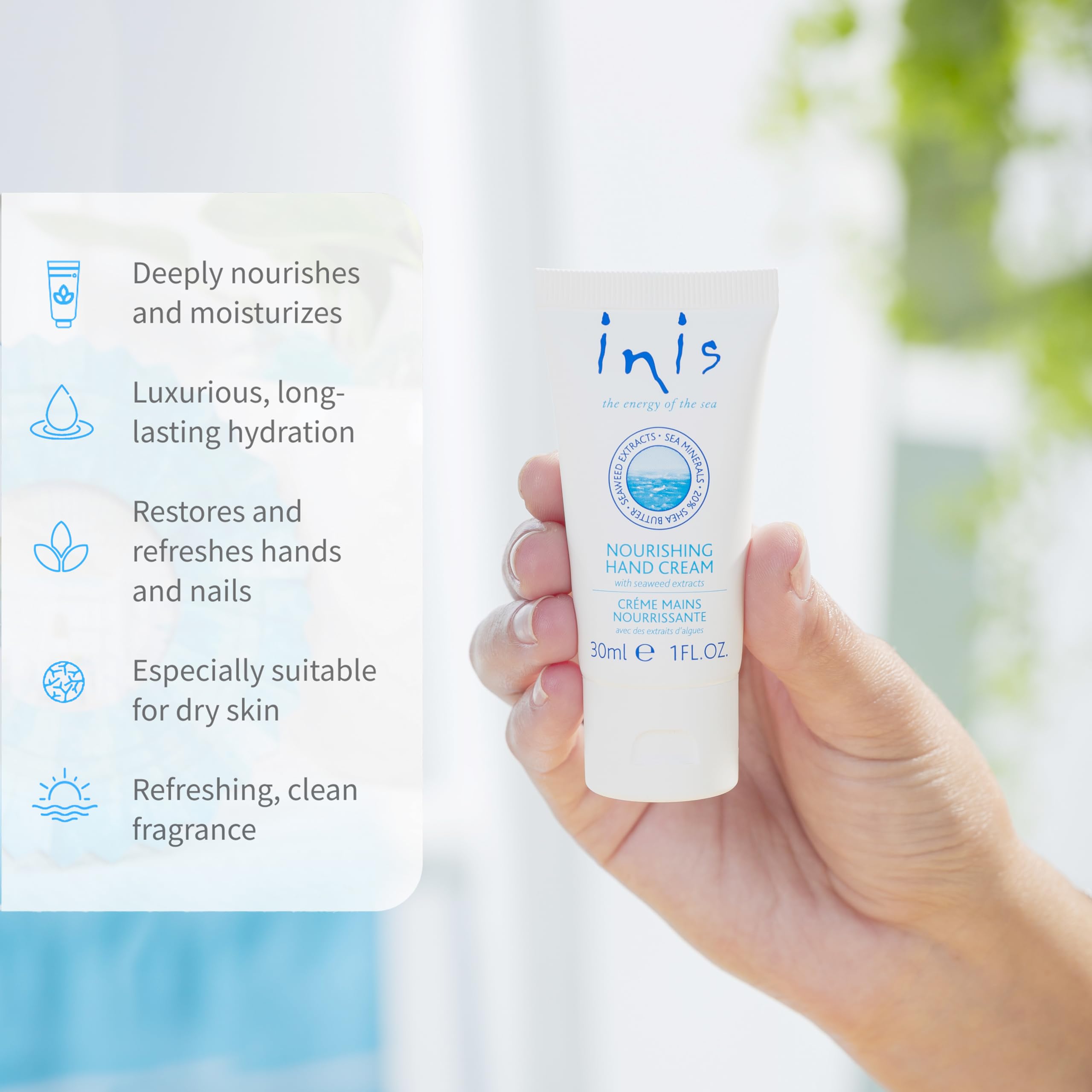 Inis shea butter hand cream held in hand to show travel size convenience