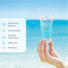 Inis shower use lifestyle with person holding bottle in shower for refreshing, on-the-go cleansing