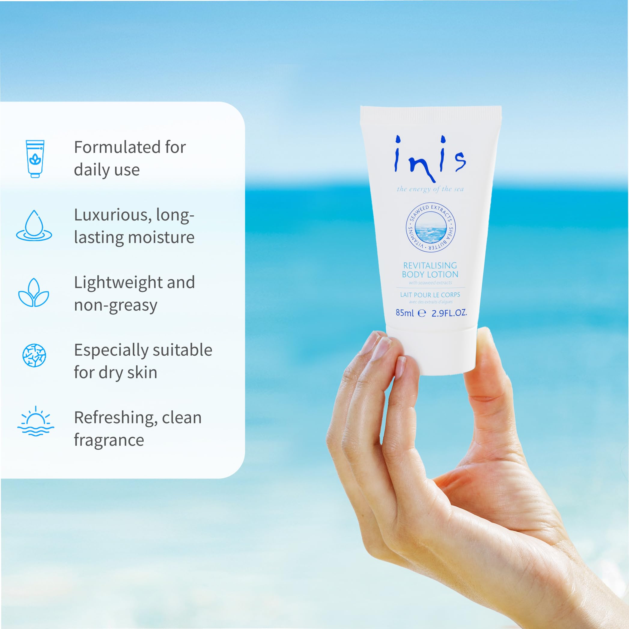 Inis travel tube next to passport showing compact size and TSA-friendly convenience