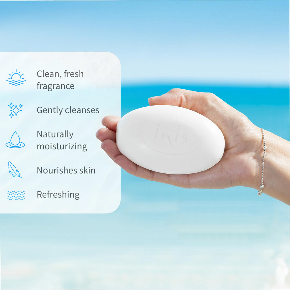Inis soap label close view showing ingredients and Irish origin