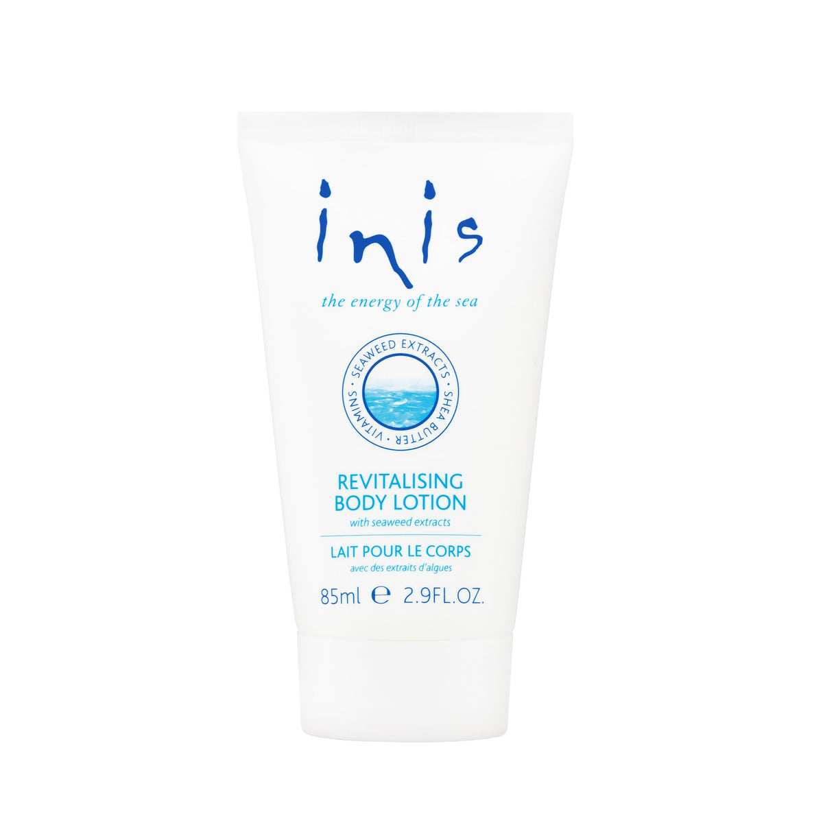 Inis travel front packaging showing compact 2.9 fl oz tube and clear branding, convenient for travel