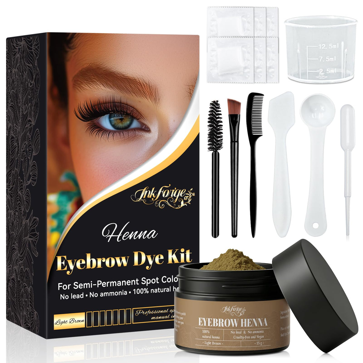 InkForge front packaging of henna eyebrow tint kit showing natural light brown and tools benefit long-lasting color