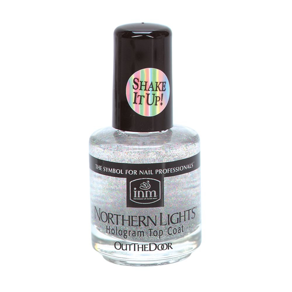 INM bottle front view showing silver holographic top coat with clear label and glossy finish benefit