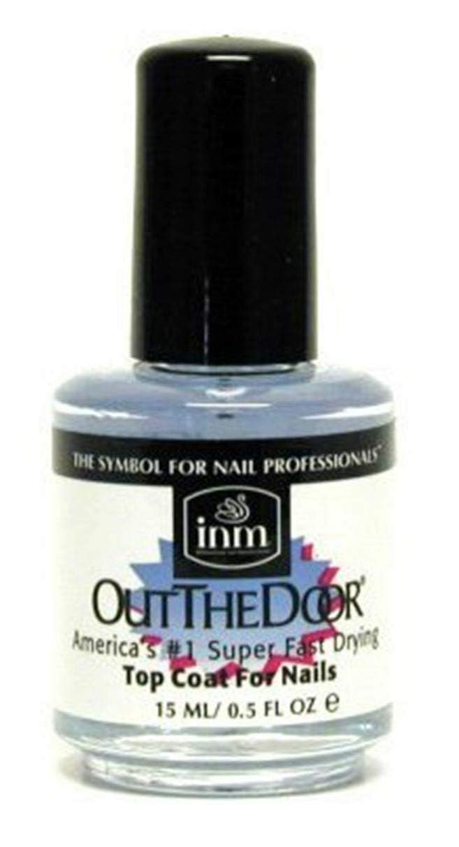 INM Out The Door front packaging showing 0.5 oz bottle and glossy label, fast-dry benefit