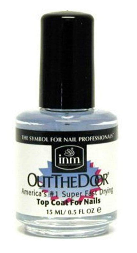 INM Out The Door front packaging showing 0.5 oz bottle and glossy label, fast-dry benefit