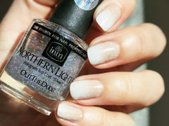 INM top coat applied on nails showcasing rainbow sparkle and long-lasting shine benefit