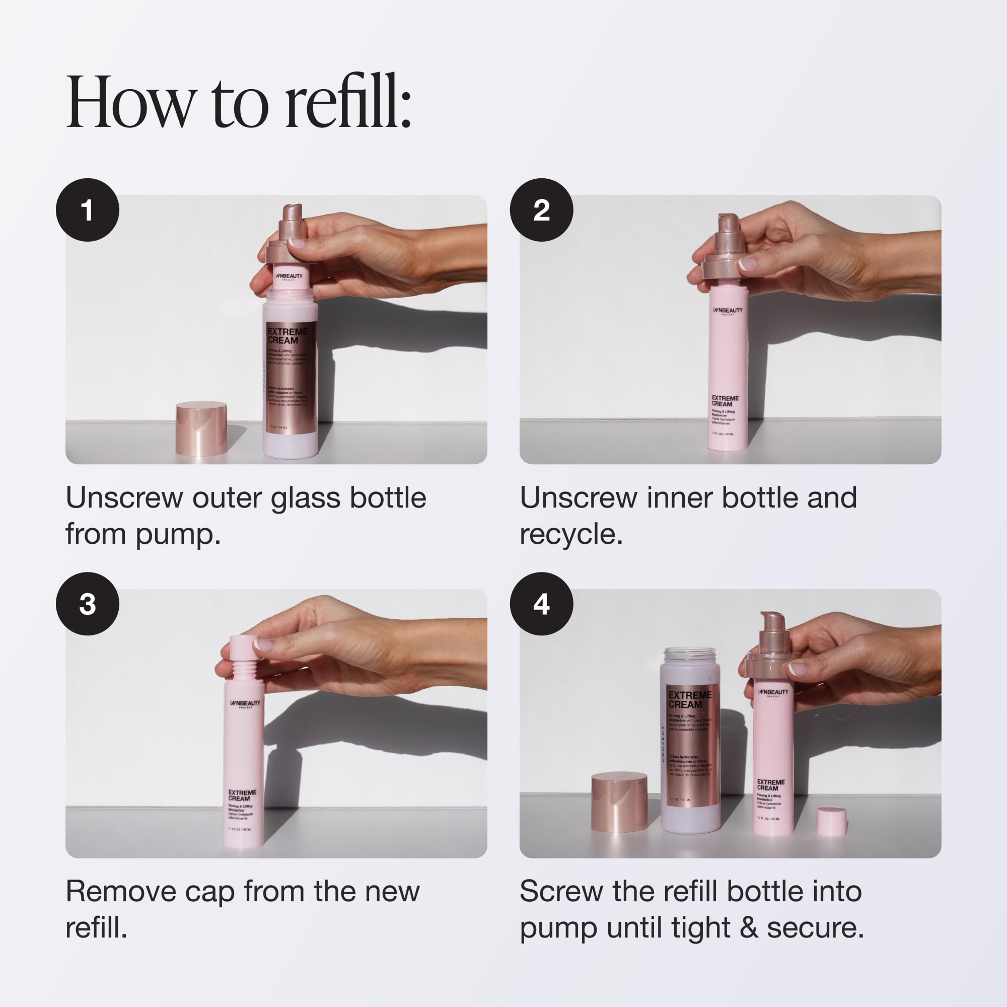 Innbeauty Project refill pod being inserted into reusable bottle demonstrating easy compatibility