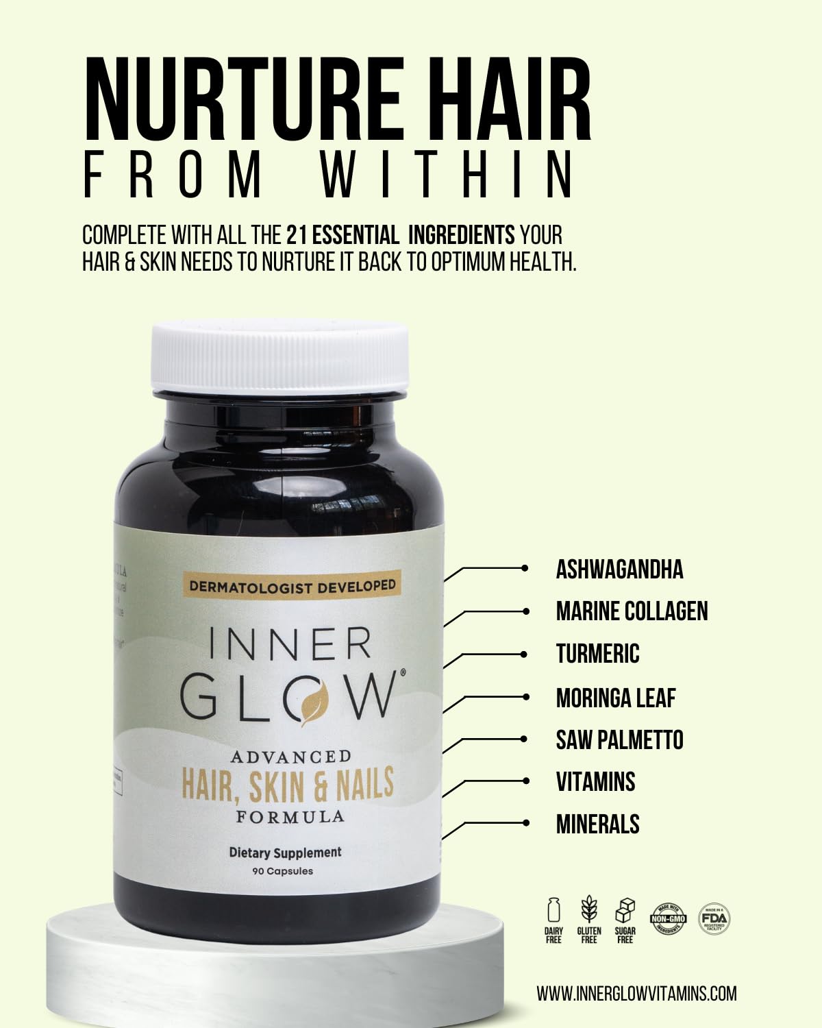 Inner Glow ingredient collage showing collagen, biotin and adaptogens benefits