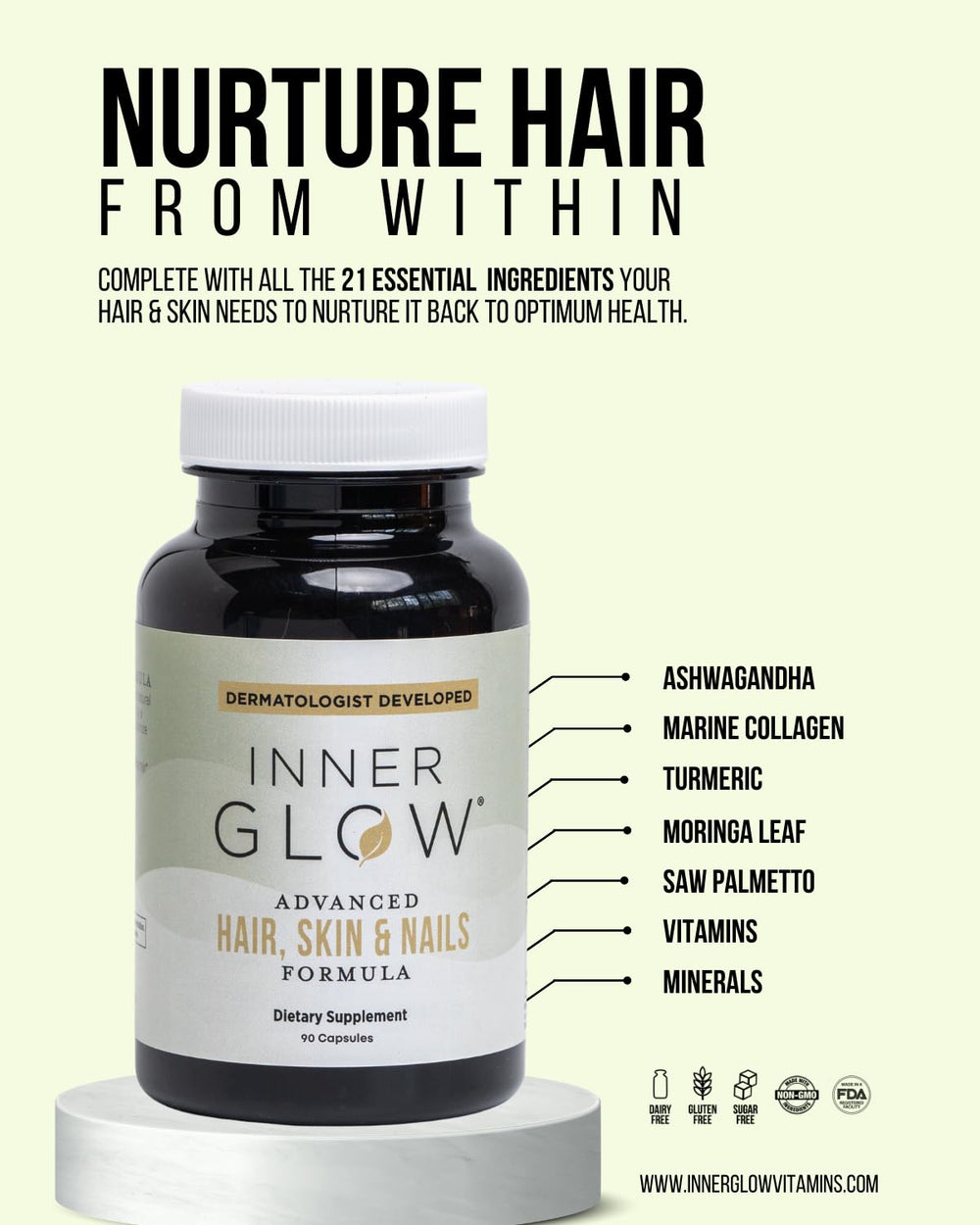 Inner Glow ingredient collage showing collagen, biotin and adaptogens benefits