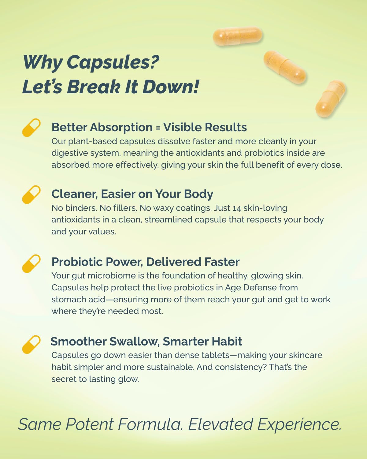 Inner Glow tablets in hand showing size and recommended daily dose benefit