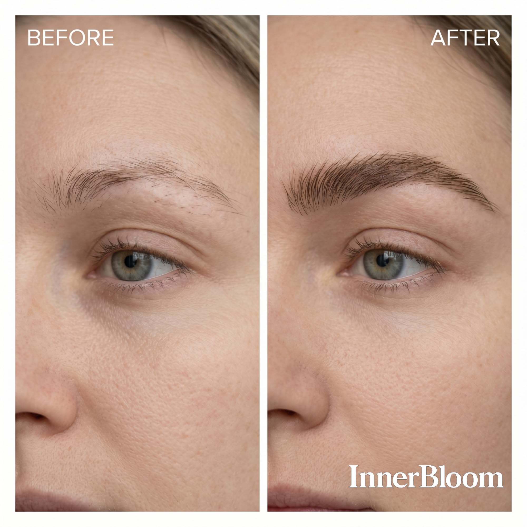 Innerbloom before and after eyebrow comparison highlighting visible density benefit