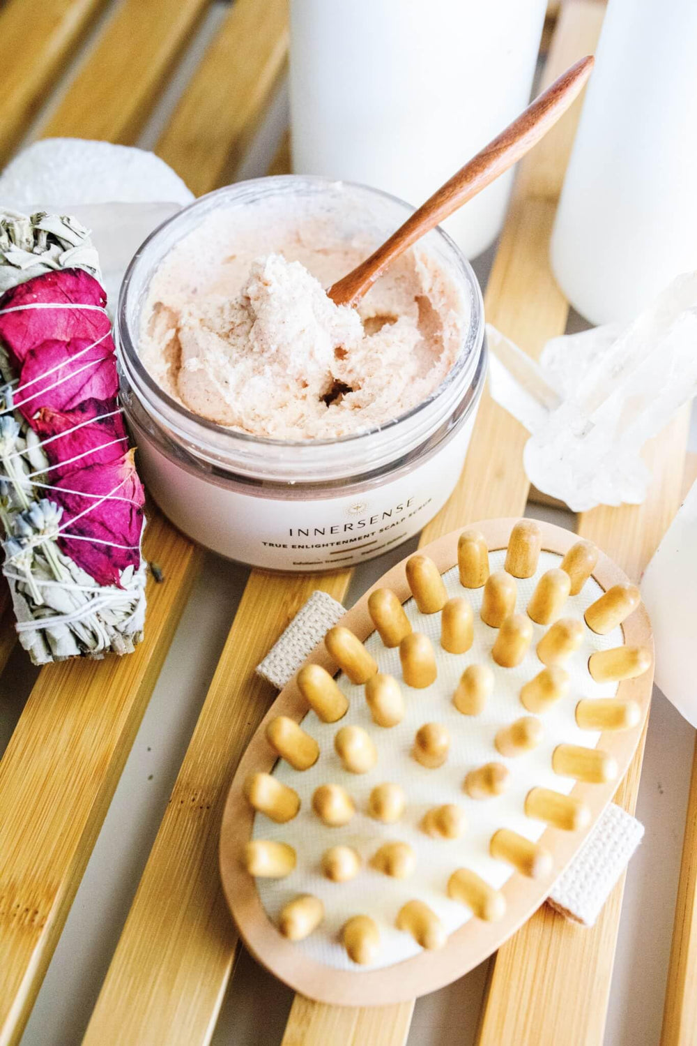 INNERSENSE ingredients flatlay with Hawaiian red salt and apple for natural sourcing