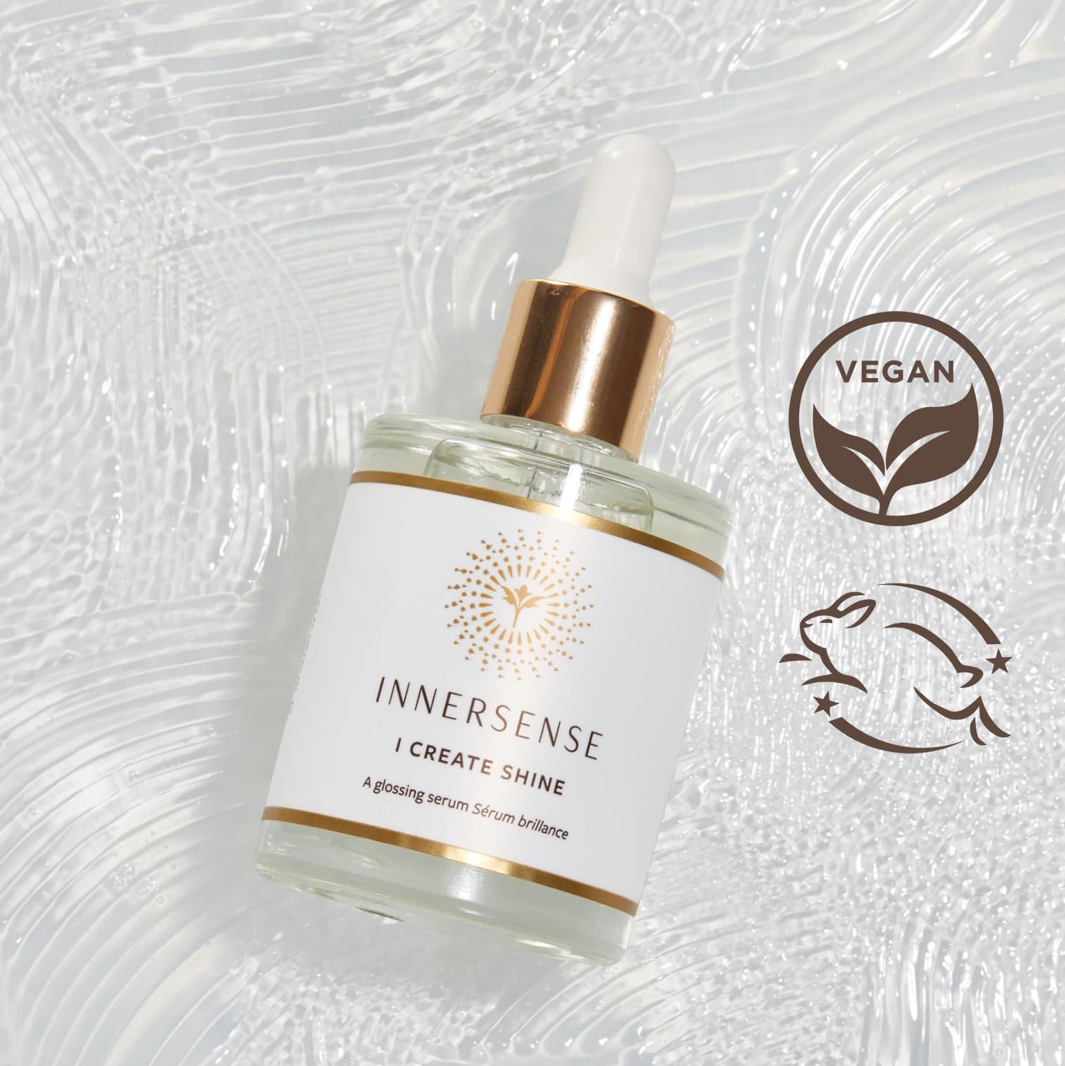 INNERSENSE serum texture drop on hand illustrating lightweight absorption